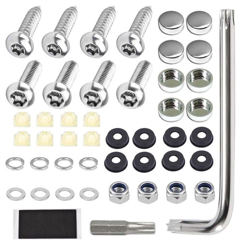 AccEncyc Anti Theft License Plate Screw Kit Tamper Proof License Screws Car License Plate Bolts 304 Stainless Steel Plate Mounting Hardware - 1/4’’ Screws with Chrome Screw Caps - Image 1